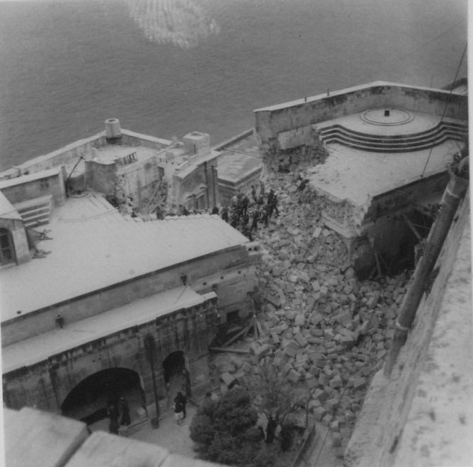 Bomb damage follwoing raid on Fort Lascaris on 24th December 1941. Fort Lascaris served as the peace-time War HQ.